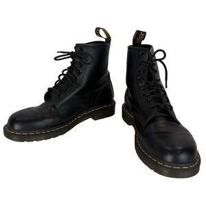 Dr. Martens 1460 Smooth Black Leather Combat Boots Womens US 9 Yellow Stitching